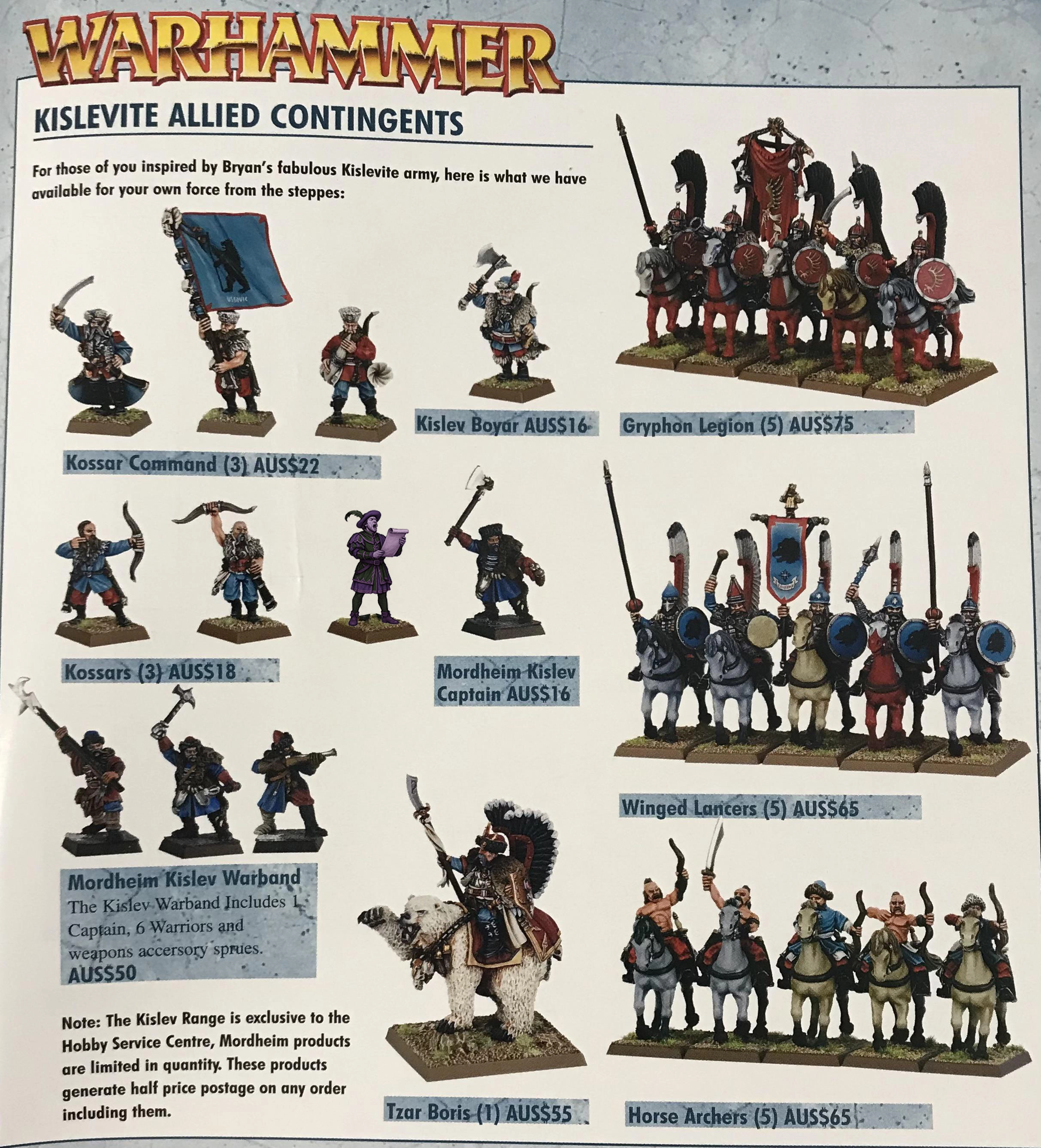 Página clásica del catálogo de Games Workshop con los Kislevite Allied Contingents: Kossars, Lanceros Alados, Zar Boris, Legión del Grifo, Arqueros a caballo, Boyardo y la Mordheim Kislev Warband