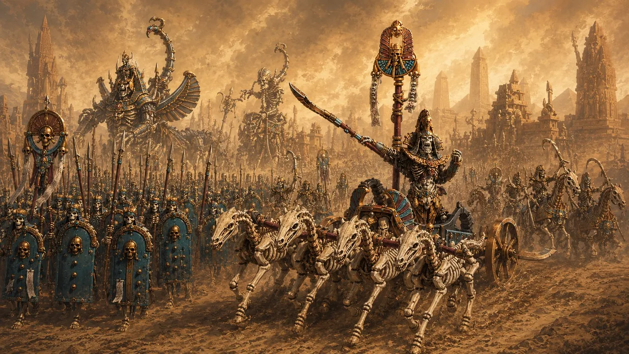 La falange no muerta de los Reyes Funerarios de Khemri avanzando con escudos y carros bajo un cielo dorado